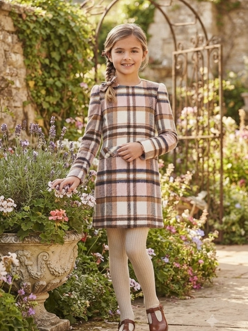 Katie J NYC Pink, Brown and Cream Plaid Long-Sleeve Dress